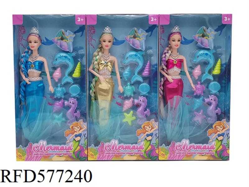 NEW 14-INCH REAL 9-JOINT FASHION DRESS MERMAID BARBIE WITH CROWN, NECKLACE, DOLPHIN BLISTER ACCESSOR