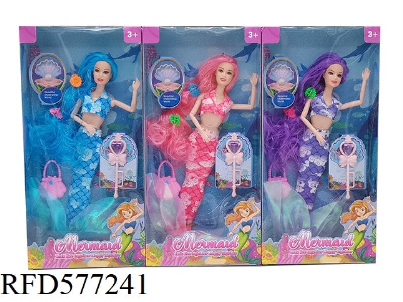 NEW 14-INCH REAL 9-JOINT FASHION DRESS MERMAID BARBIE WITH HAIRPIN, HANDBAG AND SCEPTER ACCESSORIES.
