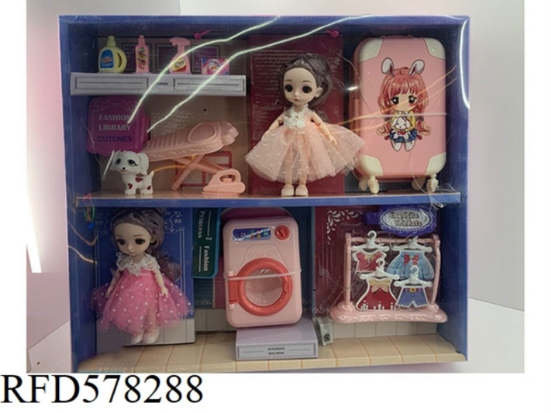 2 SETS WITH 16 CM DOLL PULL BOX WASHING MACHINE SET