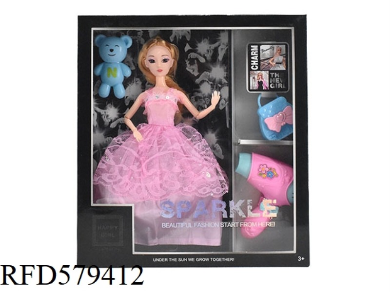 NEW SUMMER 11.5-INCH 9-JOINT REAL 3D EYE BEAD GIRL BARBIE WITH BEAR, HANDBAG AND HAIR DRYER.