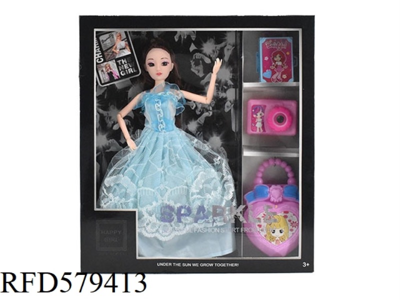 NEW SUMMER 11.5-INCH 9-JOINT REAL 3D EYE BEAD FEMALE BARBIE WITH SUITCASE, CAMERA AND HANDBAG.