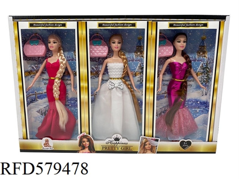 NEW 11.5-INCH REAL WEDDING DRESS WITH LONG HAIR AND HANDBAG 3PCS.