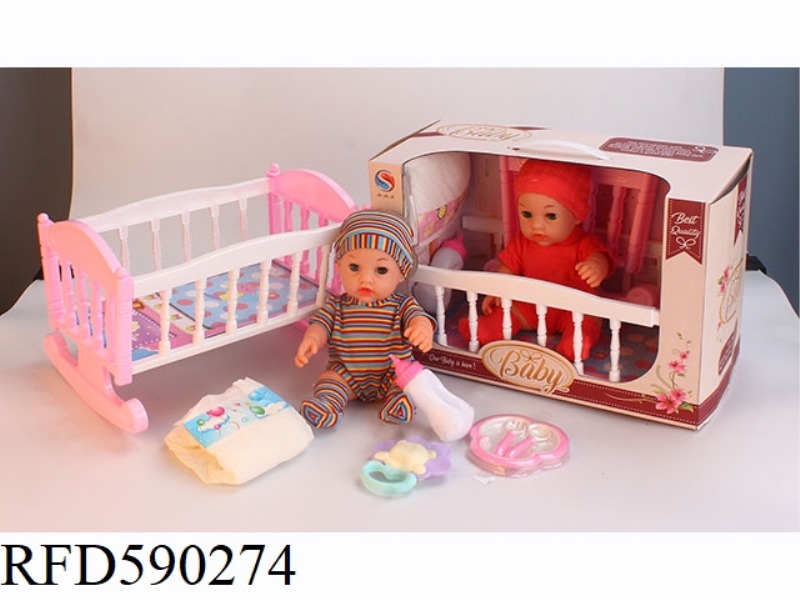 12-INCH VINYL DOLL WITH CRIB PLATE TABLEWARE RATTLE BOTTLE DIAPERS