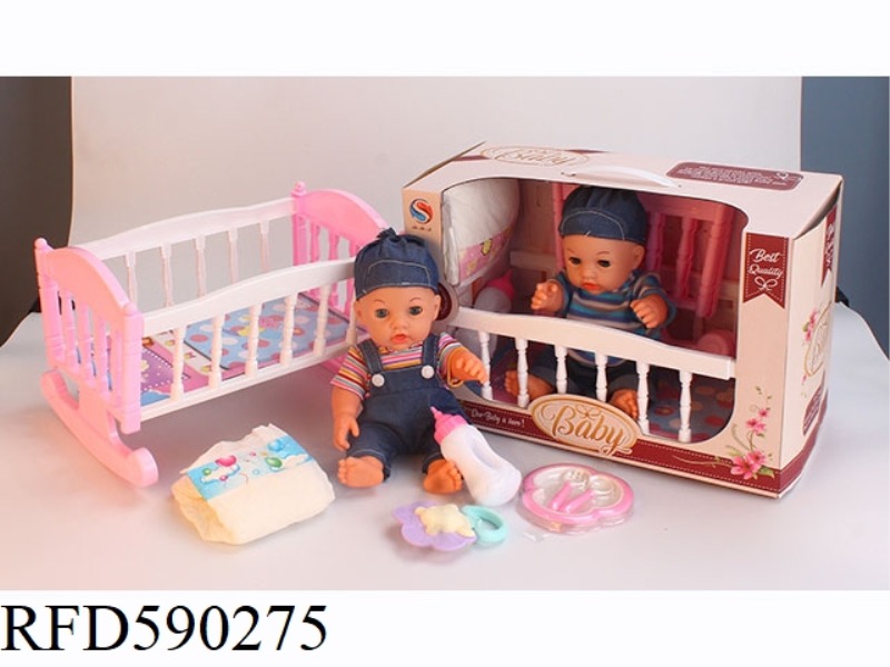 12-INCH VINYL DOLL WITH CRIB PLATE TABLEWARE RATTLE BOTTLE DIAPERS