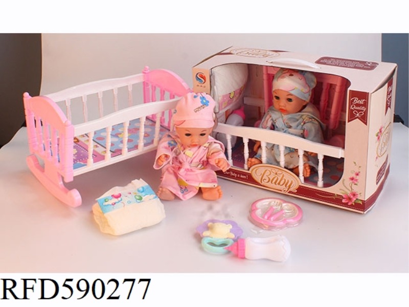 12-INCH VINYL DOLL WITH CRIB PLATE TABLEWARE RATTLE BOTTLE DIAPERS