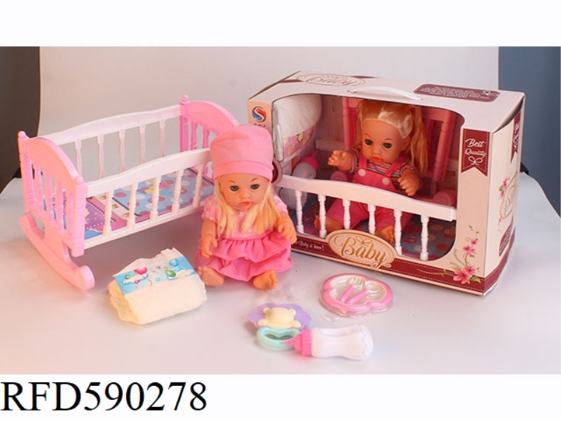 12-INCH VINYL DOLL WITH CRIB PLATE TABLEWARE RATTLE BOTTLE DIAPERS