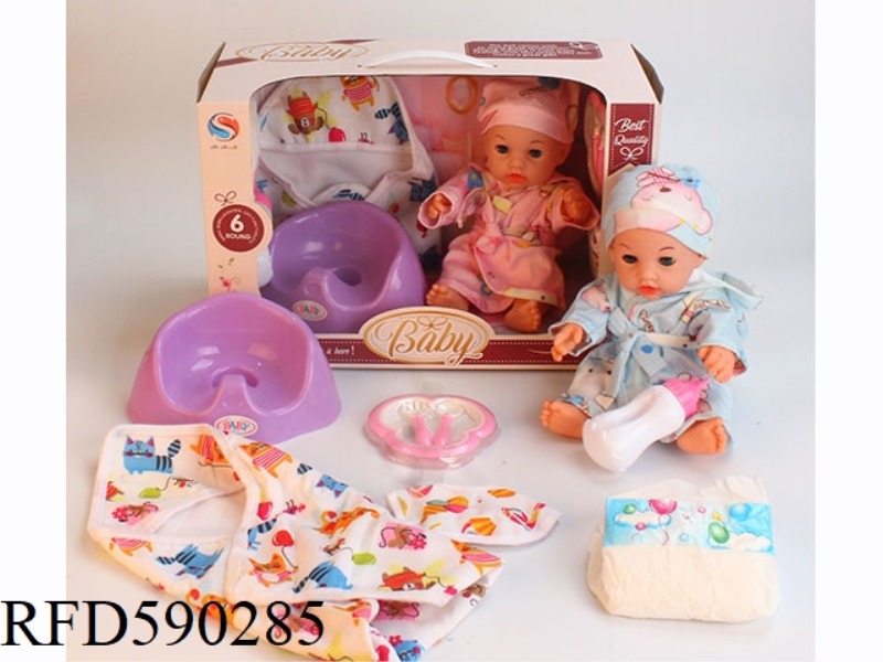 12-INCH VINYL DOLL WITH CUDDLED TOILET, DINNER PLATE, TABLEWARE, NECK, BOTTLE AND DIAPER.