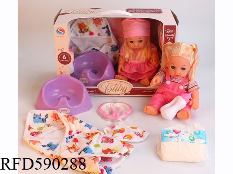 12-INCH VINYL DOLL WITH CUDDLED TOILET, DINNER PLATE, TABLEWARE, NECK, BOTTLE AND DIAPER.