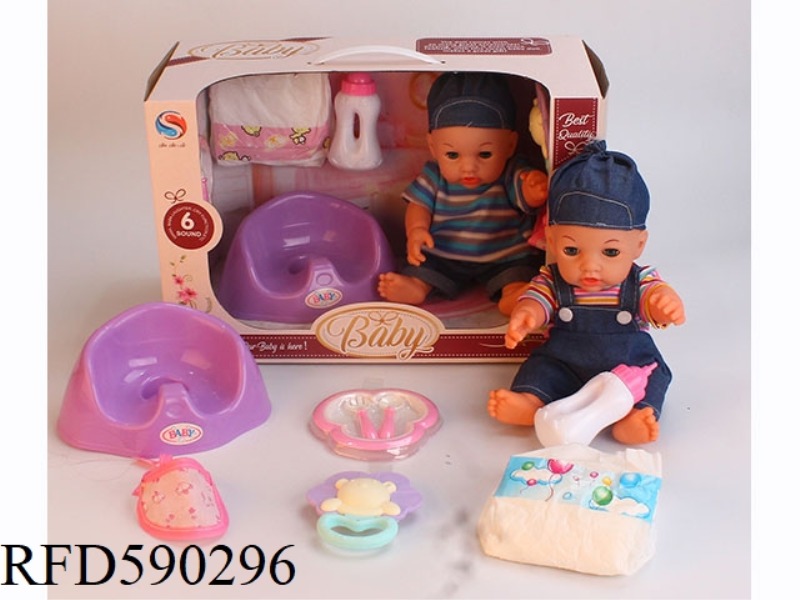 12-INCH VINYL DOLL WITH TOILET, DINNER PLATE, TABLEWARE, NAPKIN, BELL JAR, BOTTLE DIAPER
