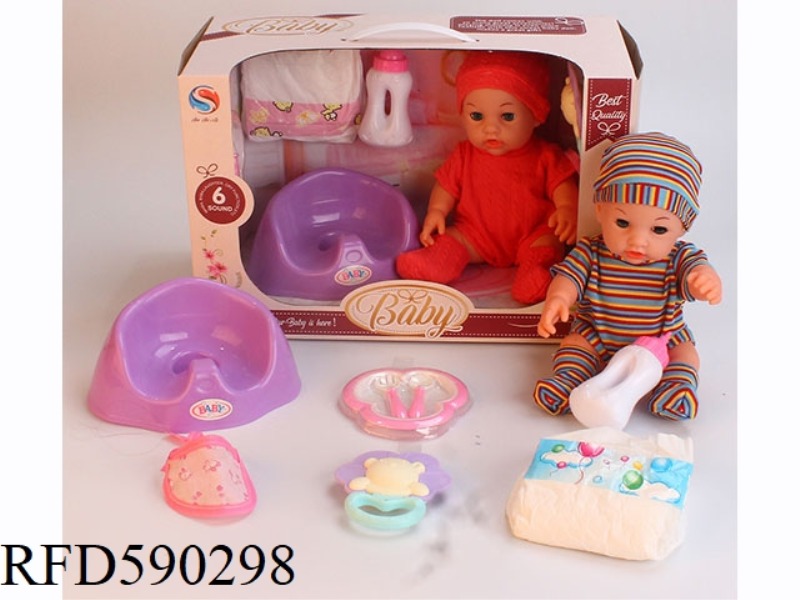 12-INCH VINYL DOLL WITH TOILET, DINNER PLATE, TABLEWARE, NAPKIN, BELL JAR, BOTTLE DIAPER