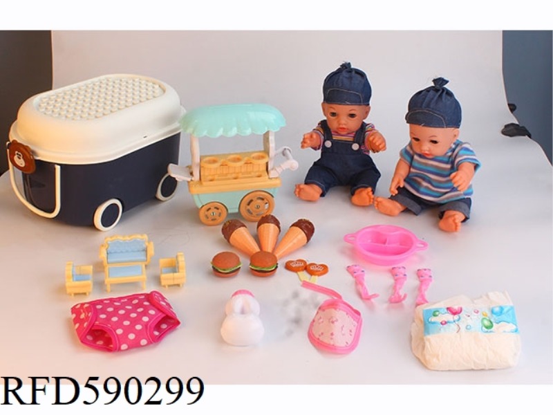 12 INCH VINYL DOLL WITH STORAGE BUCKET DINING CAR ICE CREAM HAMBURGER CANDY PLATE TABLEWARE SOFA THR