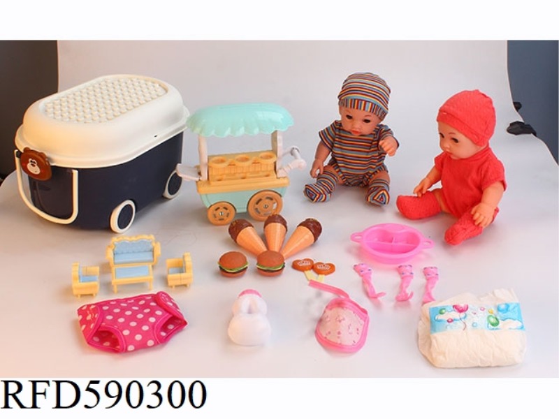 12 INCH VINYL DOLL WITH STORAGE BUCKET DINING CAR ICE CREAM HAMBURGER CANDY PLATE TABLEWARE SOFA THR