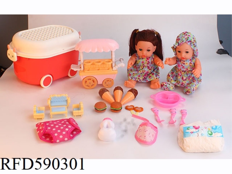 12 INCH VINYL DOLL WITH STORAGE BUCKET DINING CAR ICE CREAM HAMBURGER CANDY PLATE TABLEWARE SOFA THR