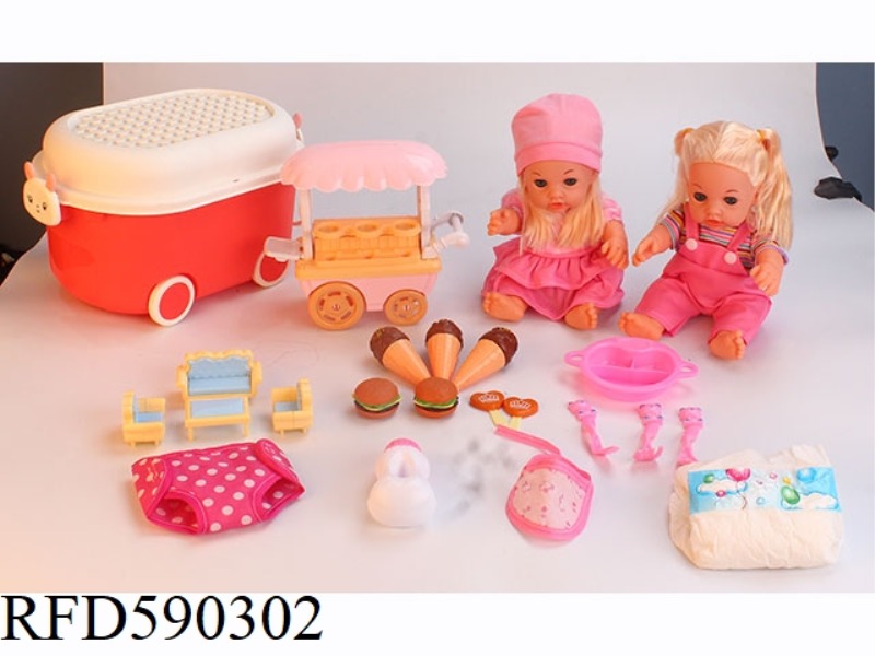 12 INCH VINYL DOLL WITH STORAGE BUCKET DINING CAR ICE CREAM HAMBURGER CANDY PLATE TABLEWARE SOFA THR