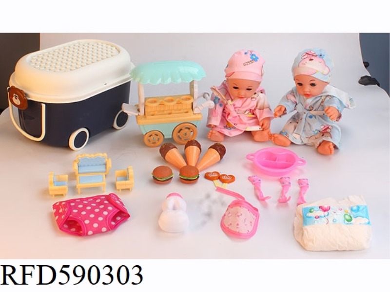 12 INCH VINYL DOLL WITH STORAGE BUCKET DINING CAR ICE CREAM HAMBURGER CANDY PLATE TABLEWARE SOFA THR