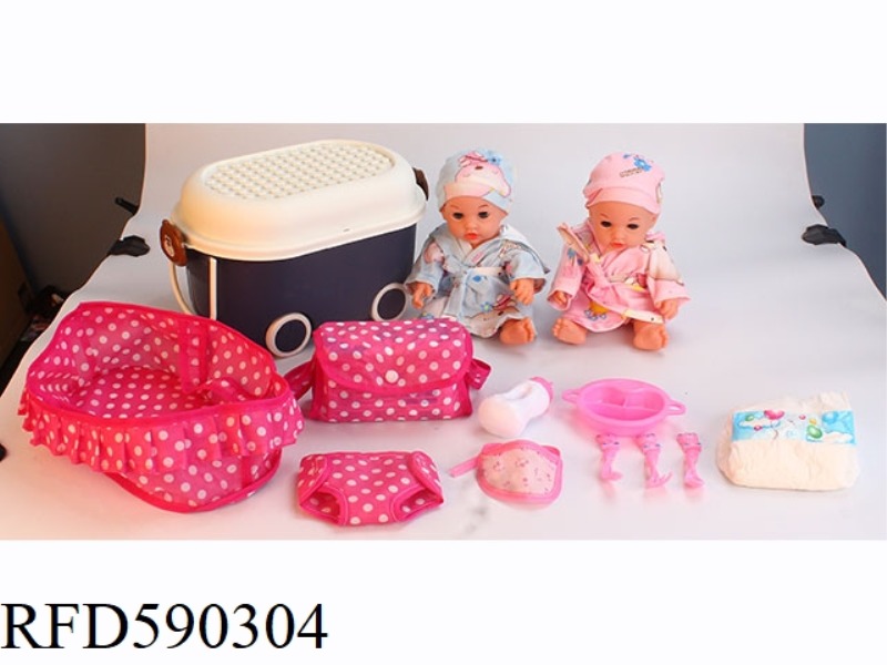 12 INCH VINYL DOLL WITH STORAGE BUCKET TABLE CLOTH BLUE STORAGE PACKAGE PLATE TABLEWARE NAPKIN DIAPE