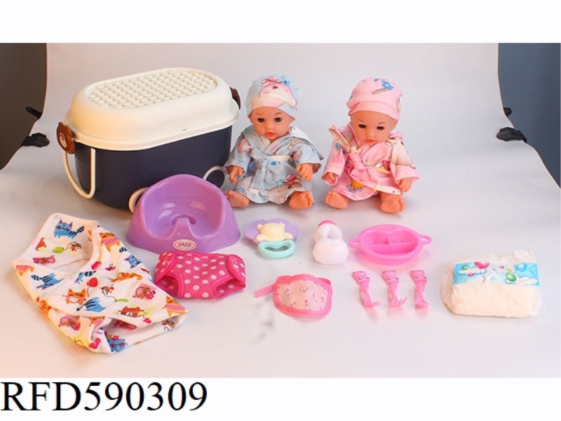 12-INCH VINYL DOLL WITH STORAGE BUCKET, TOILET, DINNER PLATE, TABLEWARE, NAPKIN, DIAPER AND RATTLE B