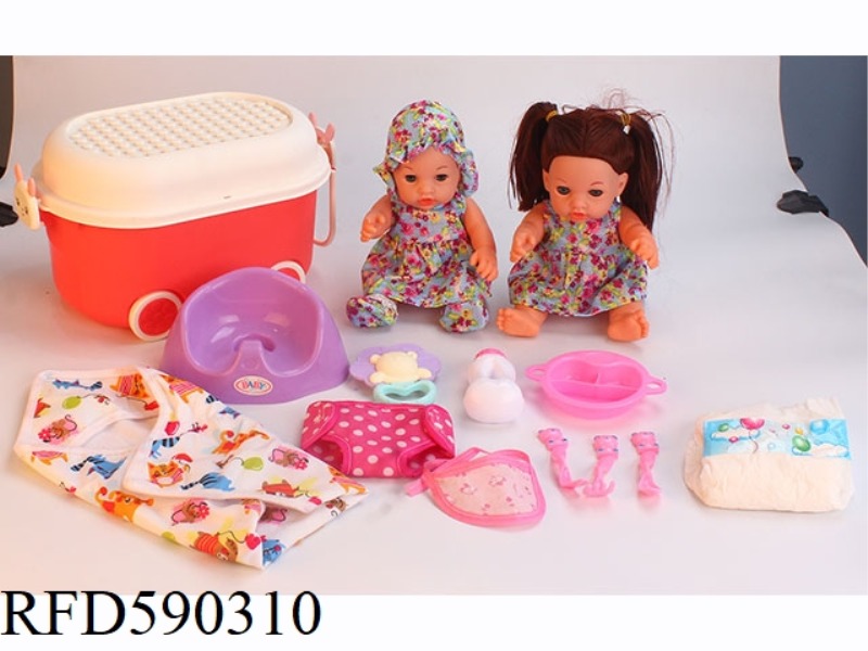 12-INCH VINYL DOLL WITH STORAGE BUCKET, TOILET, DINNER PLATE, TABLEWARE, NAPKIN, DIAPER AND RATTLE B