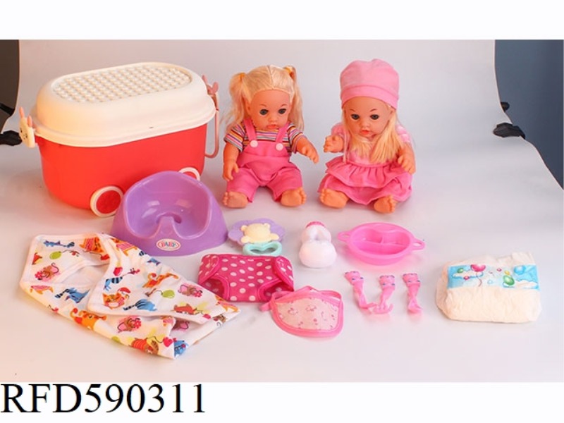 12-INCH VINYL DOLL WITH STORAGE BUCKET, TOILET, DINNER PLATE, TABLEWARE, NAPKIN, DIAPER AND RATTLE B