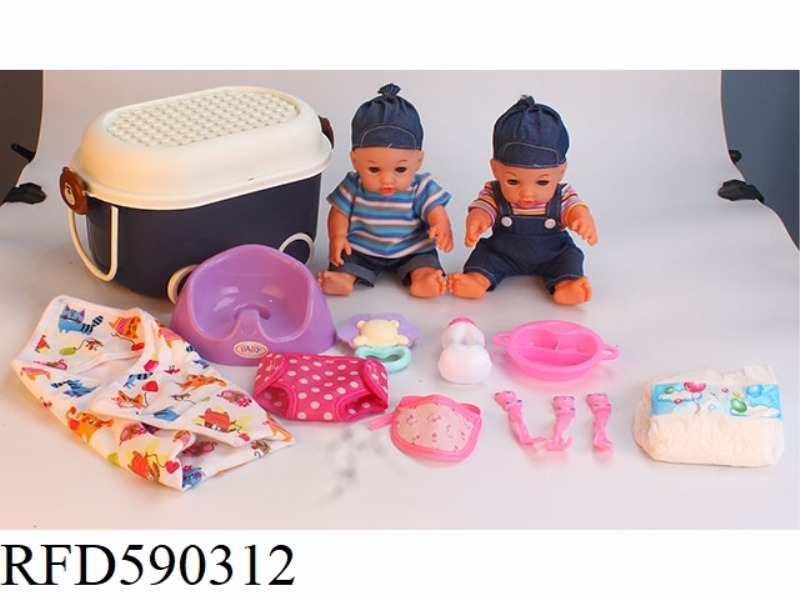 12-INCH VINYL DOLL WITH STORAGE BUCKET, TOILET, DINNER PLATE, TABLEWARE, NAPKIN, DIAPER AND RATTLE B