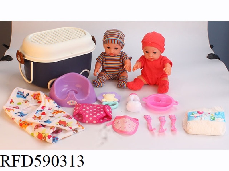 12-INCH VINYL DOLL WITH STORAGE BUCKET, TOILET, DINNER PLATE, TABLEWARE, NAPKIN, DIAPER AND RATTLE B