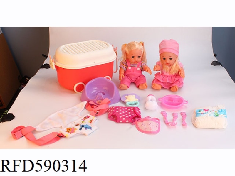 12-INCH VINYL DOLL WITH STORAGE BUCKET STRAP BAG TOILET PLATE TABLEWARE NAPKIN DIAPER RATTLE BOTTLE.