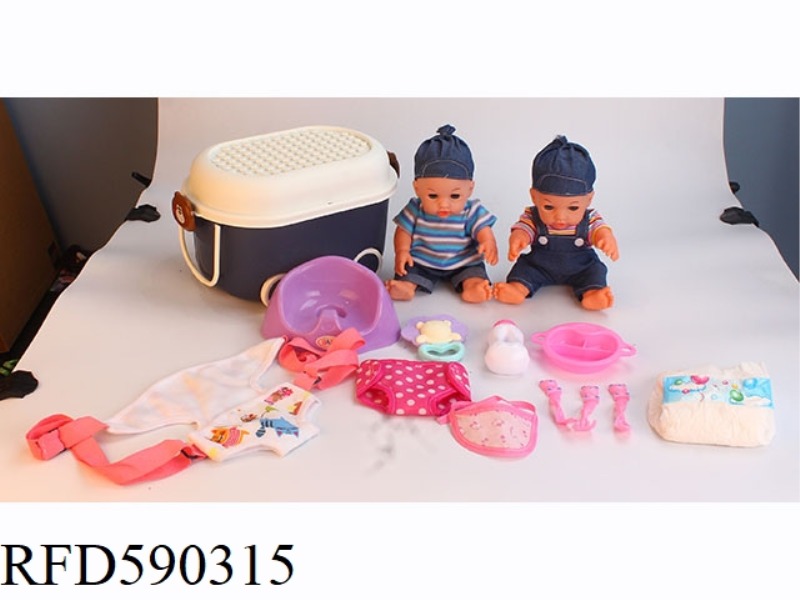 12-INCH VINYL DOLL WITH STORAGE BUCKET STRAP BAG TOILET PLATE TABLEWARE NAPKIN DIAPER RATTLE BOTTLE.