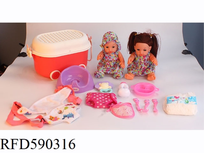 12-INCH VINYL DOLL WITH STORAGE BUCKET STRAP BAG TOILET PLATE TABLEWARE NAPKIN DIAPER RATTLE BOTTLE.