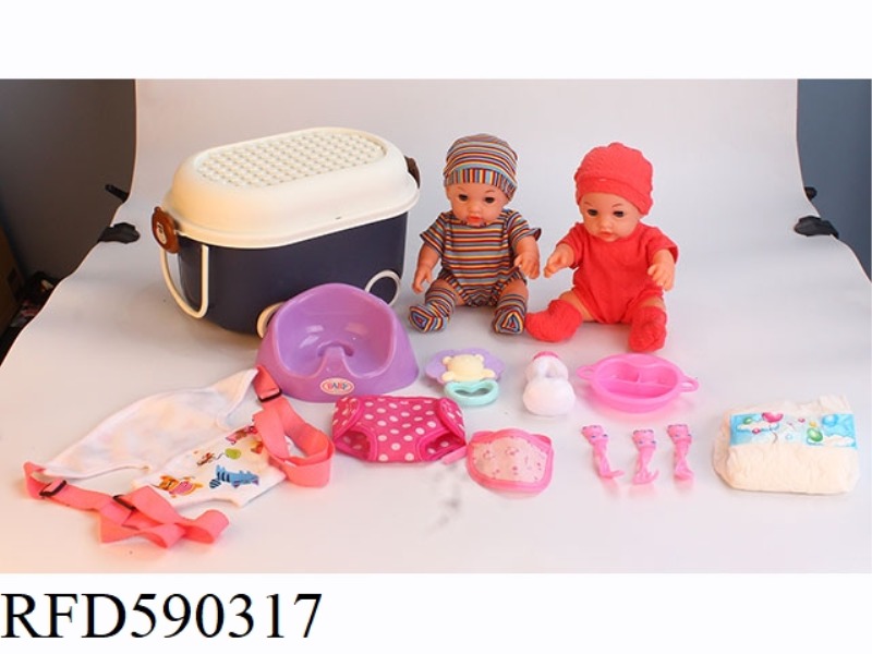 12-INCH VINYL DOLL WITH STORAGE BUCKET STRAP BAG TOILET PLATE TABLEWARE NAPKIN DIAPER RATTLE BOTTLE.