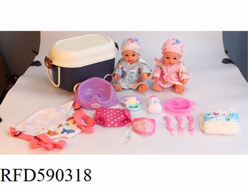 12-INCH VINYL DOLL WITH STORAGE BUCKET STRAP BAG TOILET PLATE TABLEWARE NAPKIN DIAPER RATTLE BOTTLE.
