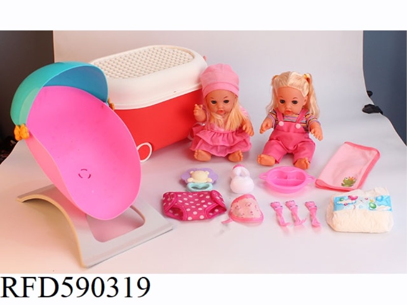 12-INCH VINYL DOLL WITH STORAGE BUCKET, CRADLE BED, DINNER PLATE, TABLEWARE, NAPKIN, DIAPER, FACE TO