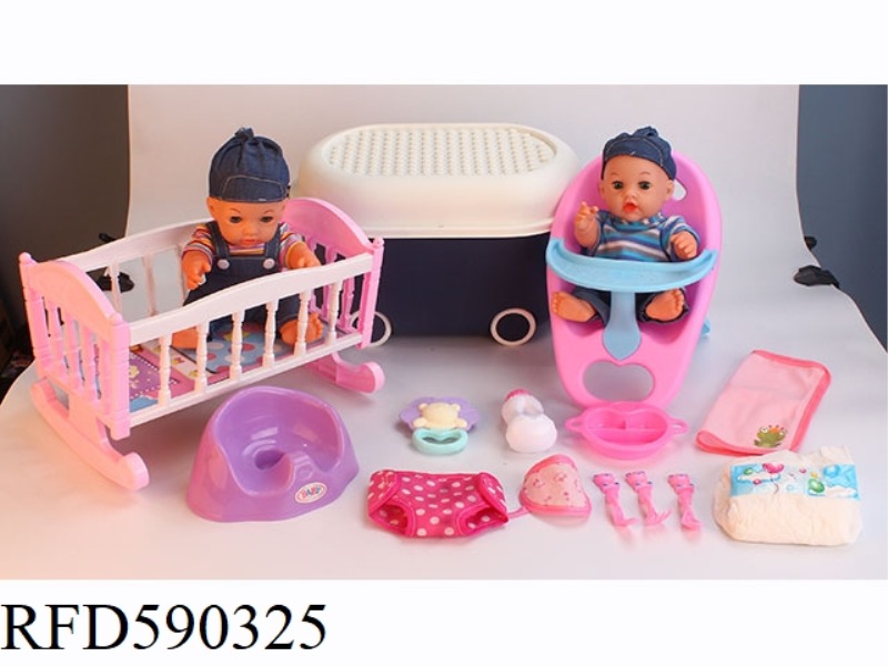 12-INCH VINYL DOLL WITH STORAGE BUCKET STROLLER TOILET DINING CHAIR DINING PLATE TABLEWARE NAPKIN DI