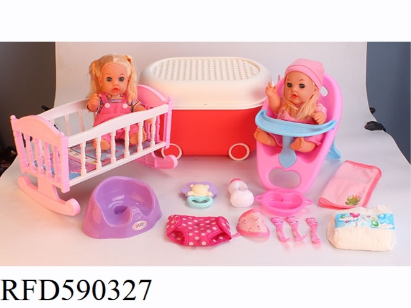 12-INCH VINYL DOLL WITH STORAGE BUCKET STROLLER TOILET DINING CHAIR DINING PLATE TABLEWARE NAPKIN DI