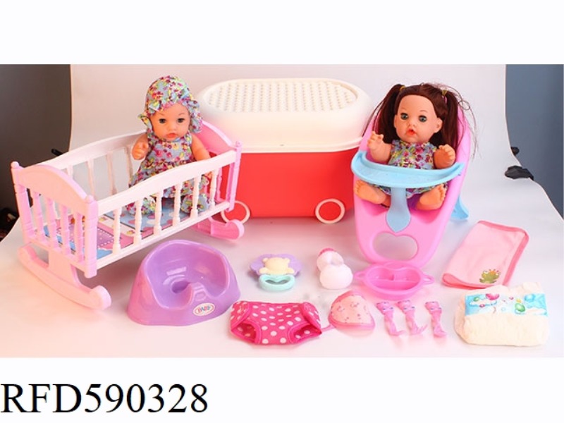 12-INCH VINYL DOLL WITH STORAGE BUCKET STROLLER TOILET DINING CHAIR DINING PLATE TABLEWARE NAPKIN DI