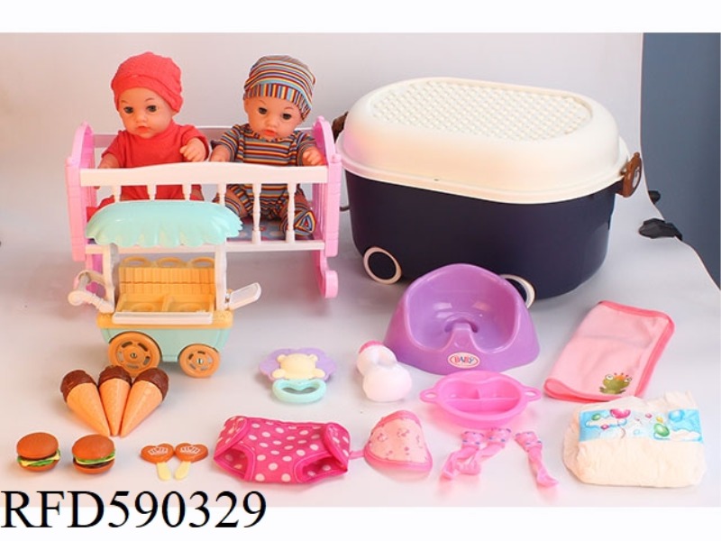 12-INCH VINYL DOLL WITH STORAGE BUCKET STROLLER TOILET DINING CAR ICE CREAM HAMBURGER CANDY PLATE TA