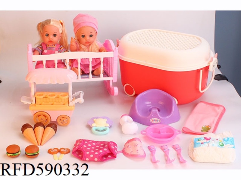 12-INCH VINYL DOLL WITH STORAGE BUCKET STROLLER TOILET DINING CAR ICE CREAM HAMBURGER CANDY PLATE TA