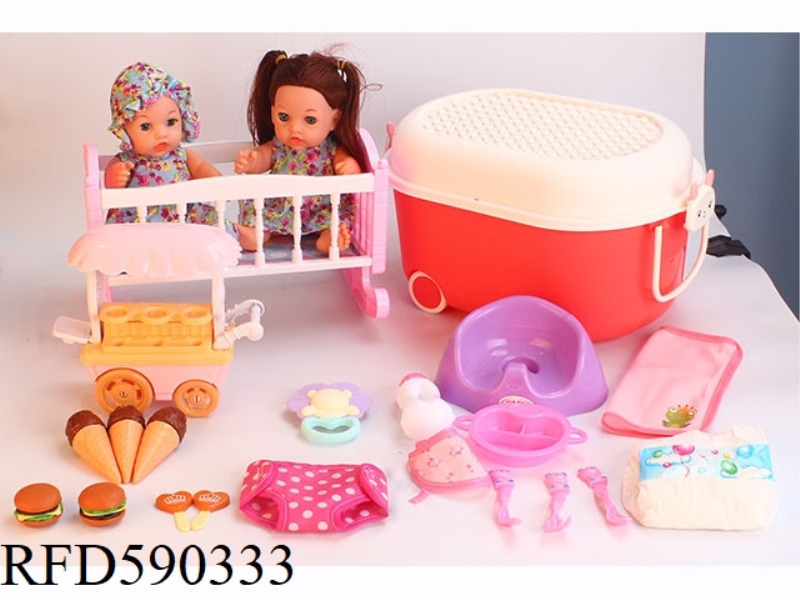 12-INCH VINYL DOLL WITH STORAGE BUCKET STROLLER TOILET DINING CAR ICE CREAM HAMBURGER CANDY PLATE TA