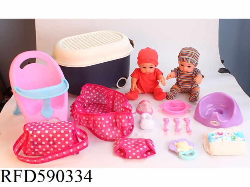 12-INCH VINYL DOLL WITH STORAGE BUCKET DINING CHAIR TOILET CLOTH BLUE STORAGE BAG DINNER PLATE TABLE