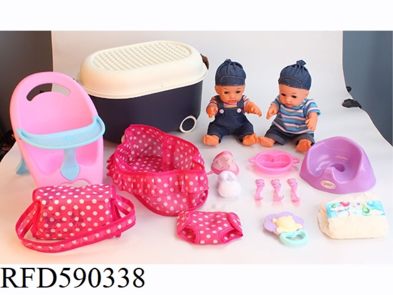 12-INCH VINYL DOLL WITH STORAGE BUCKET DINING CHAIR TOILET CLOTH BLUE STORAGE BAG DINNER PLATE TABLE