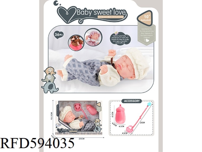 10 INCH NEWBORN DOLL (ALL VINYL DOLL)+BOTTLE+MILK CHAIN