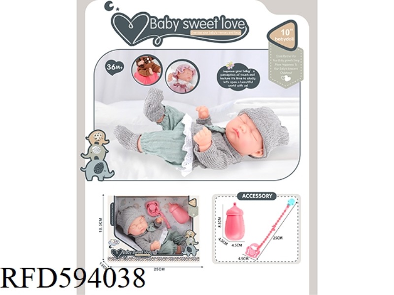 10 INCH NEWBORN DOLL (ALL VINYL DOLL)+BOTTLE+MILK CHAIN
