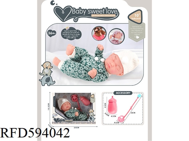 10 INCH NEWBORN DOLL (ALL VINYL DOLL)+BOTTLE+MILK CHAIN