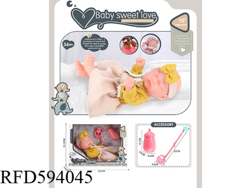 10 INCH NEWBORN DOLL (ALL VINYL DOLL)+BOTTLE+MILK CHAIN
