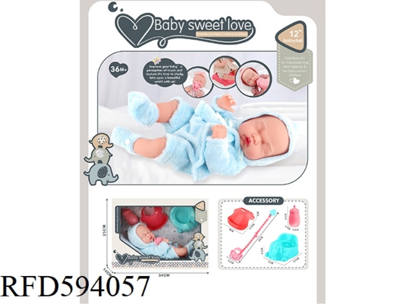 12 INCH NEWBORN DOLL (ALL VINYL DOLL)+BOTTLE+MILK CHAIN+BIB+SHEEP TOILET