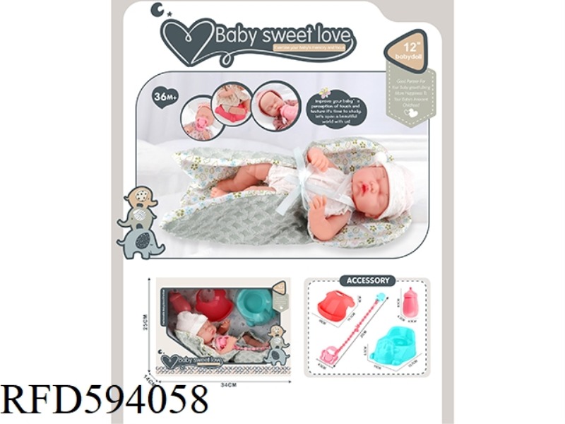 12 INCH NEWBORN DOLL (ALL VINYL DOLL)+BOTTLE+MILK CHAIN+BIB+SHEEP TOILET
