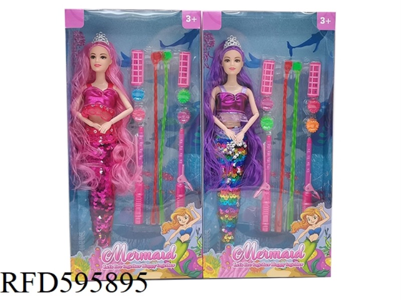 14-INCH REAL 9-JOINT FASHION SEQUIN DRESS MERMAID BARBIE WITH CROWN, HAIRPIN PLASTIC ACCESSORIES 2 M