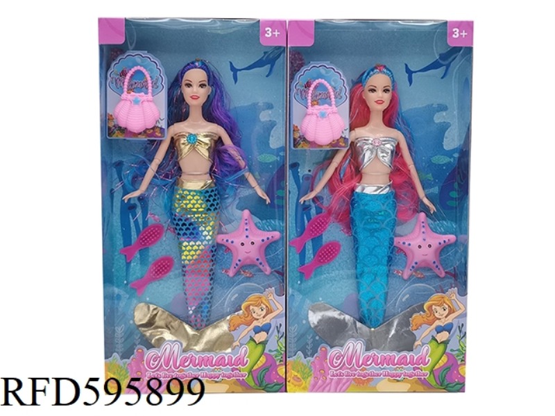 14-INCH REAL 9-JOINT FASHION DRESS MERMAID BARBIE WITH HANDBAG, STARFISH, COMB ACCESSORIES 2 MIXED.