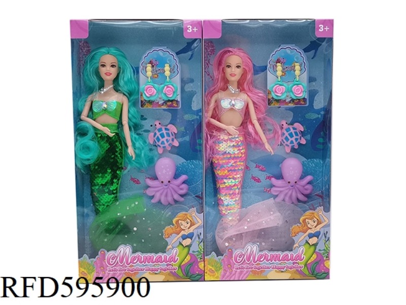 14-INCH REAL 9-JOINT FASHION BEADED DRESS MERMAID BARBIE WITH NECKLACE, TURTLE, OCTOPUS, EARRINGS AC