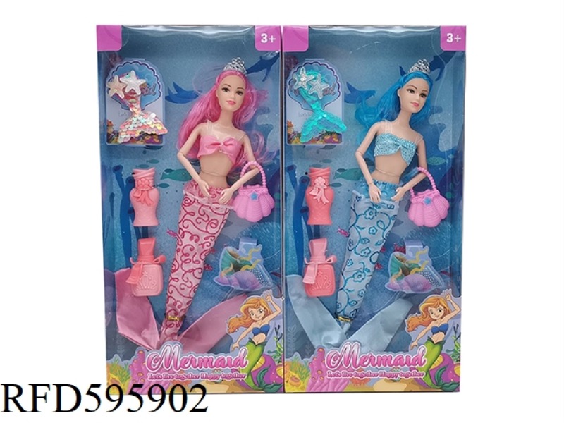 14-INCH REAL 9-JOINT FASHION DRESS MERMAID BARBIE WITH CROWN, JEWELRY, HANDBAGS, PERFUME BOTTLE ACCE