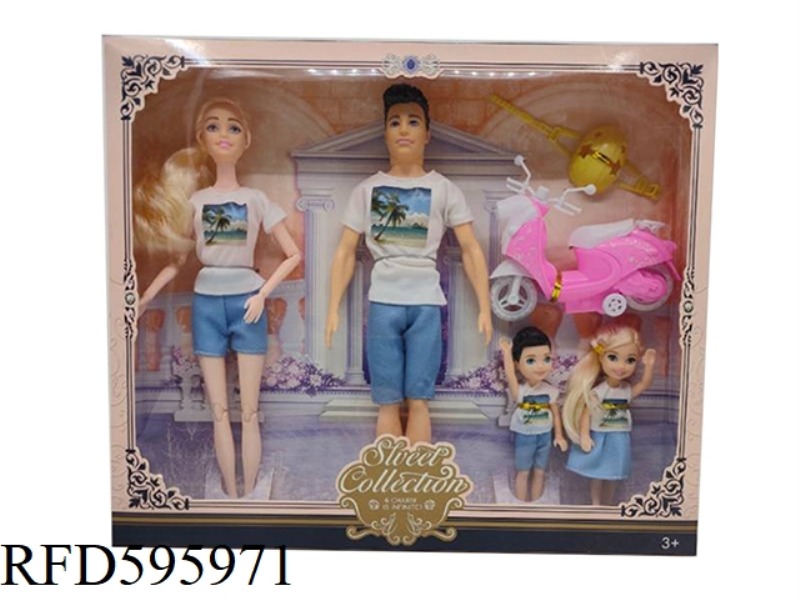 11.5-INCH REAL-LIFE 11-JOINT LADY FAMILY OF FOUR BARBIE WITH MOTORCYCLE HELMET AND REAL-LIFE MAN.